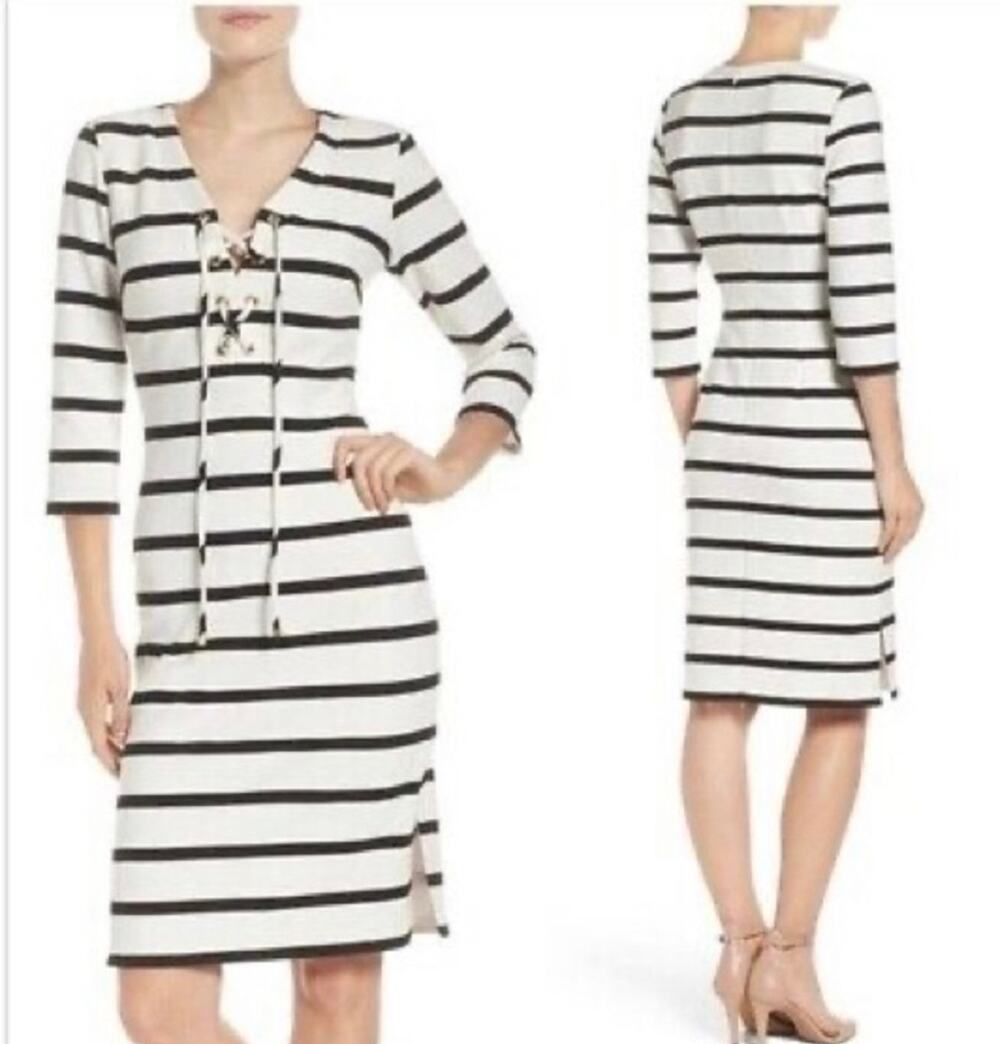 Eliza J Striped Lace-Up V-Neck Sheath Dress, Size 6